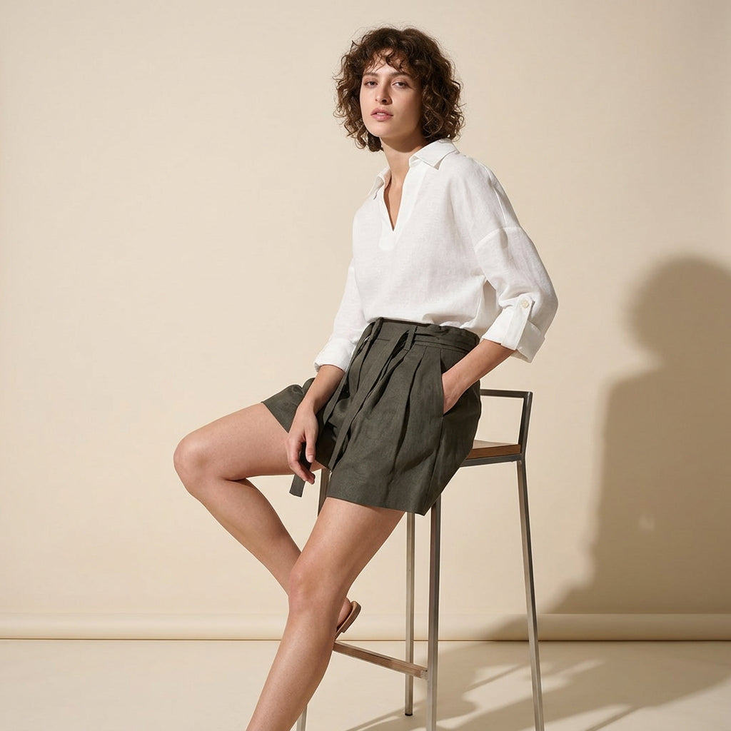 V-Neck Linen Top in Sheer White