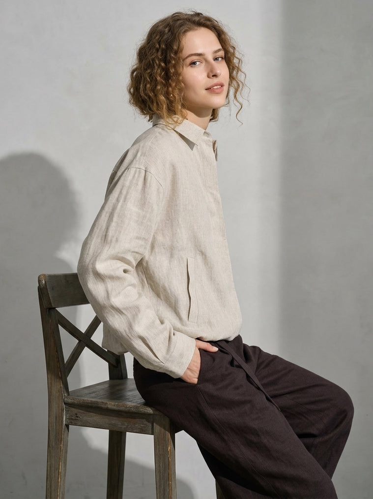 Linen Overshirt Jacket in Oat Beige
