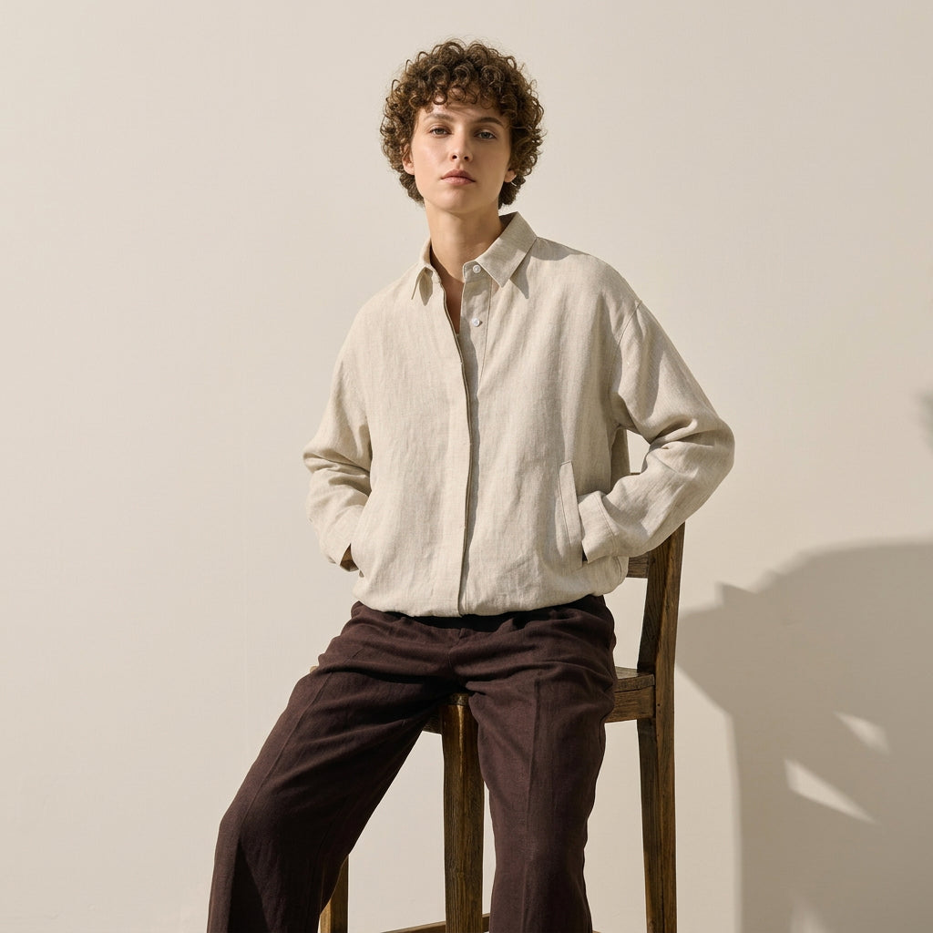 Linen Overshirt Jacket in Oat Beige
