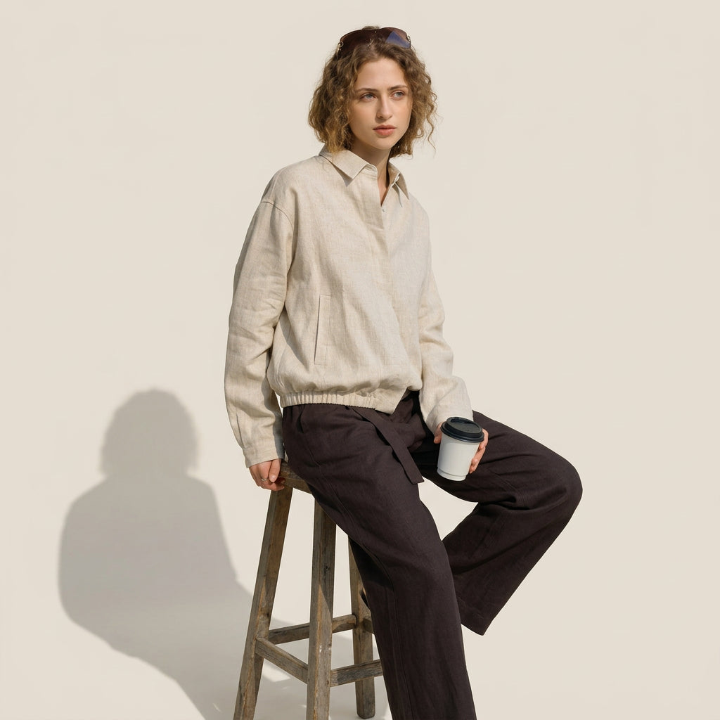 Linen Overshirt Jacket in Oat Beige