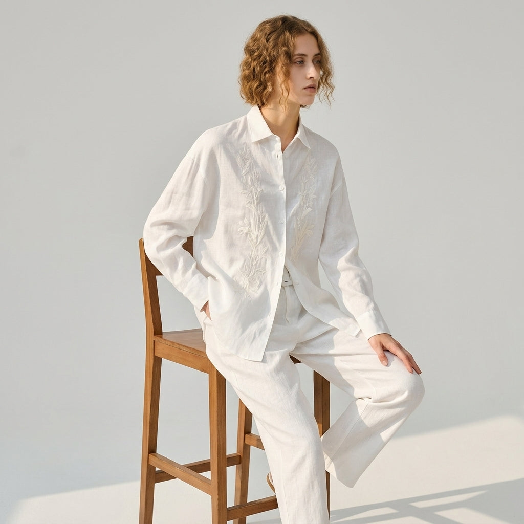 Embroidered Linen Shirt in Soft White - WHITE