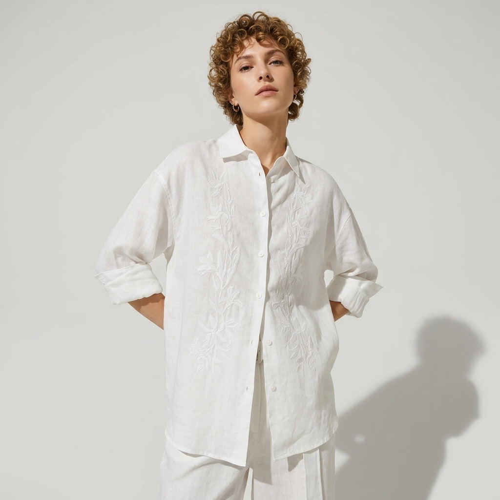 Embroidered Linen Shirt in Soft White - WHITE
