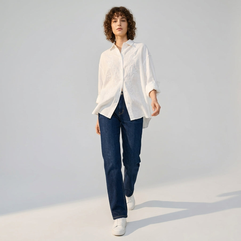 Embroidered Linen Shirt in Soft White - WHITE