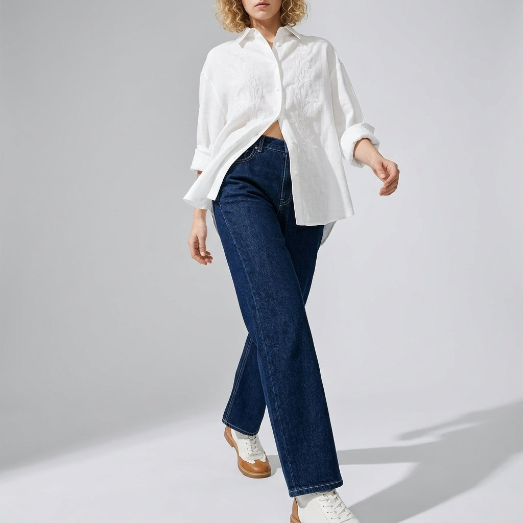 Embroidered Linen Shirt in Soft White - WHITE