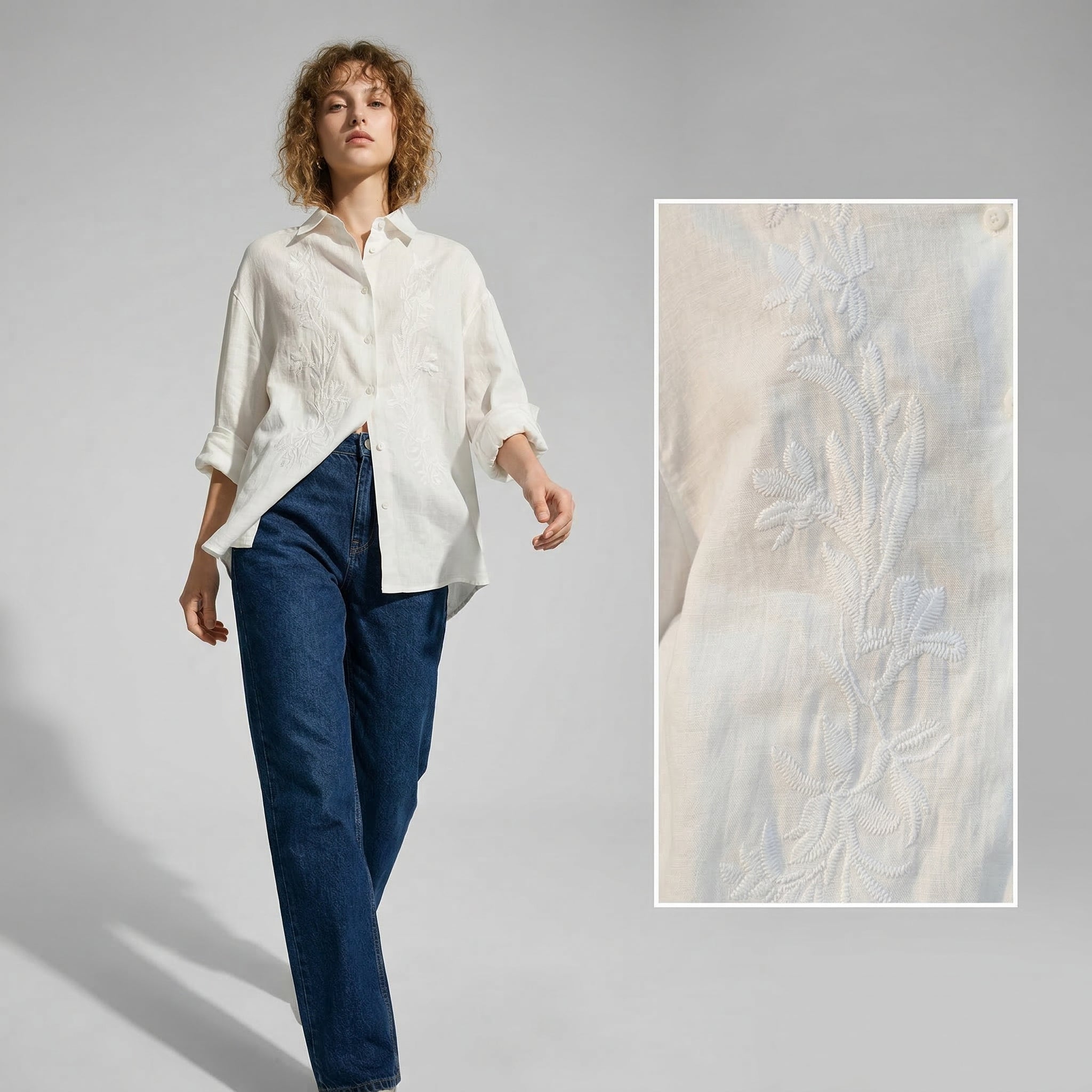 Embroidered Linen Shirt in Soft White - WHITE