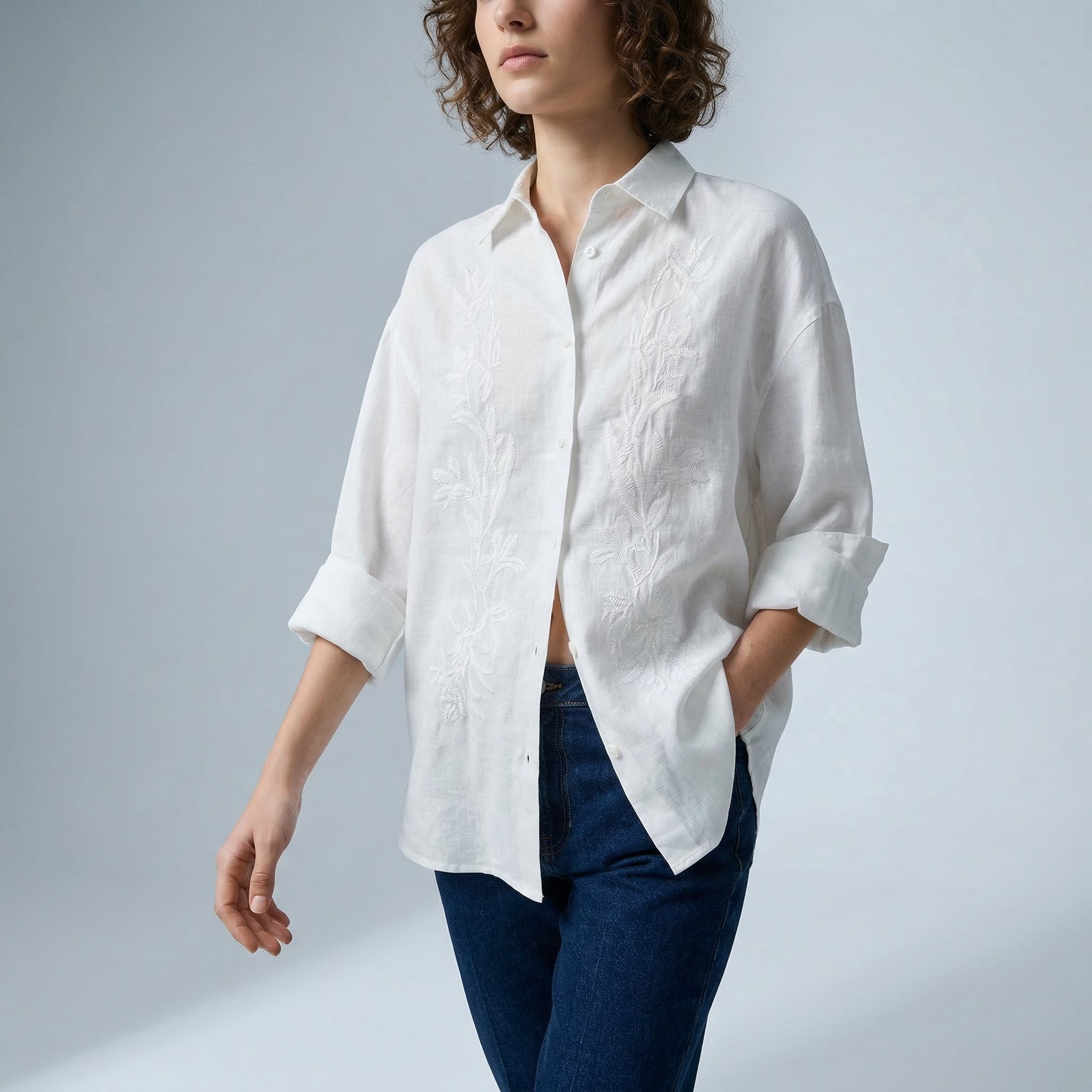 Embroidered Linen Shirt in Soft White - WHITE