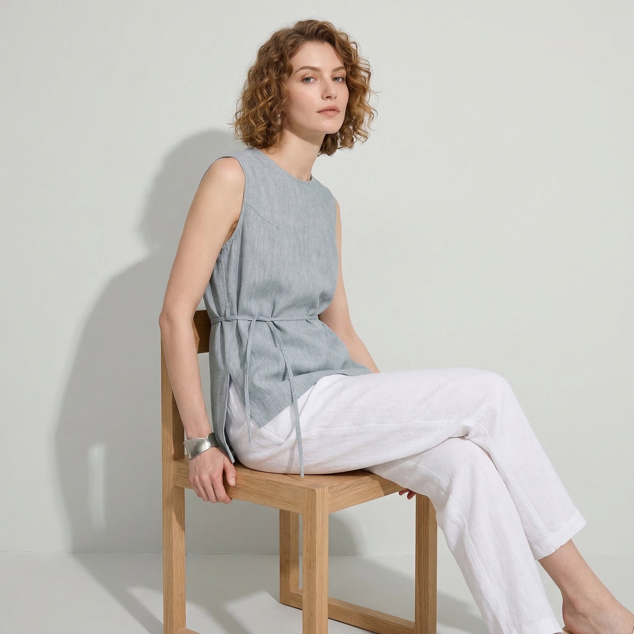 Ease Tie Linen Top in Olive Sand