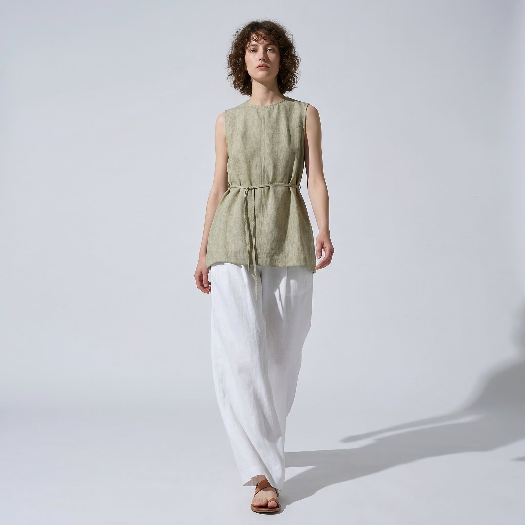 Ease Tie Linen Top in Stone Sage