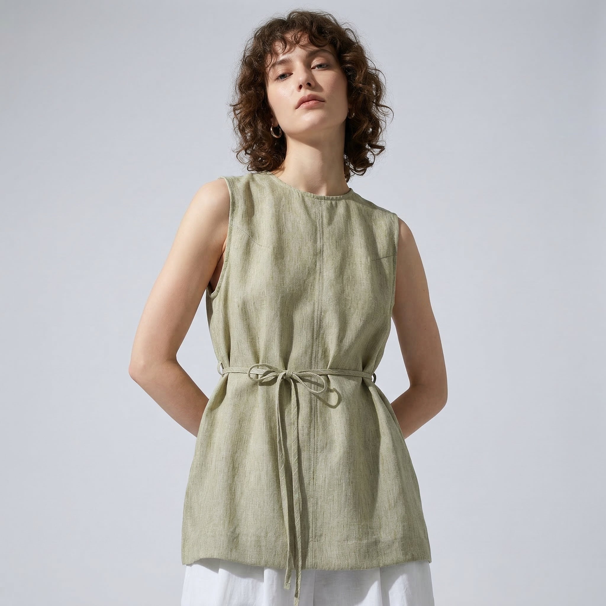 Ease Tie Linen Top in Stone Sage