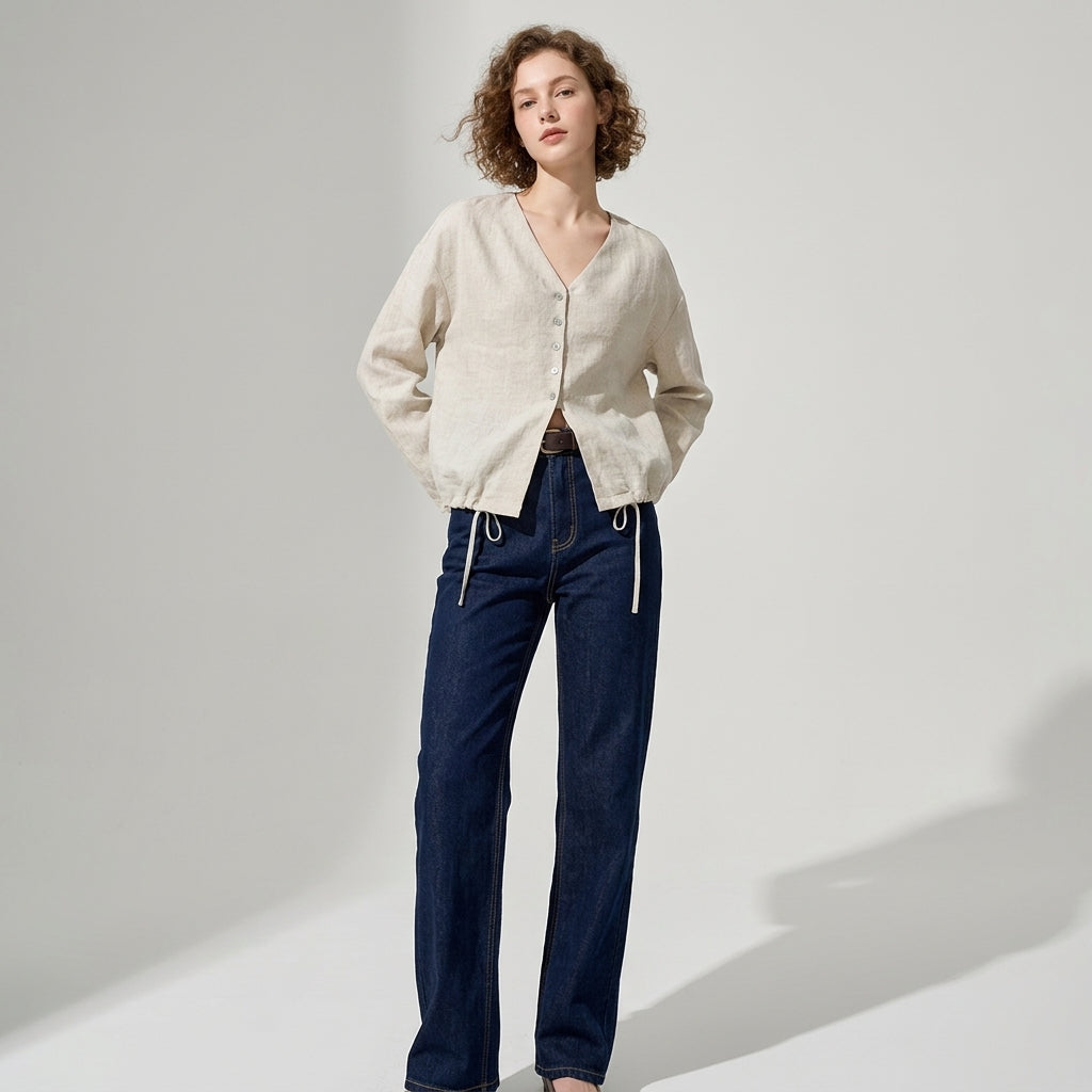 V-Neck Linen Top in Dune Beige