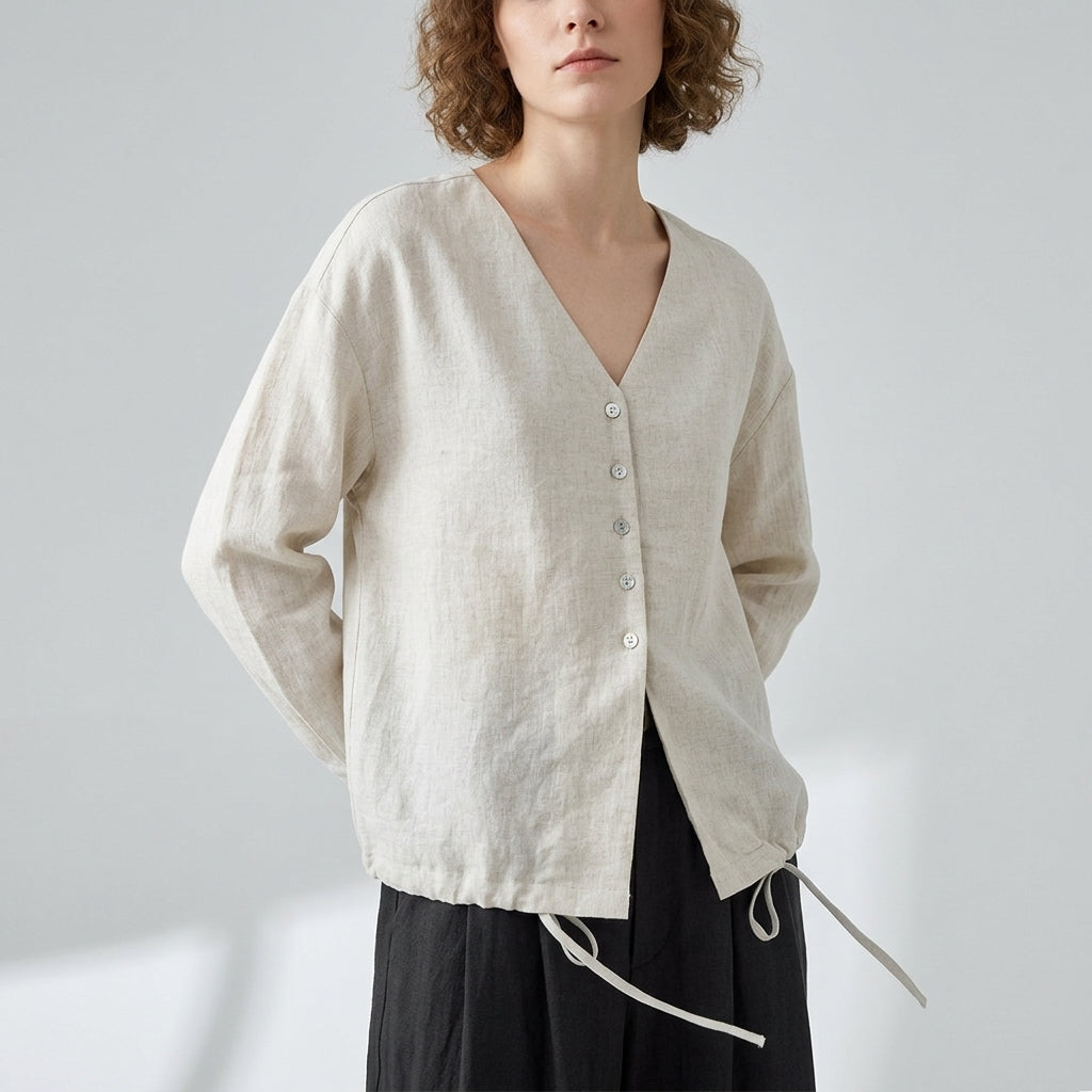 V-Neck Linen Top in Dune Beige