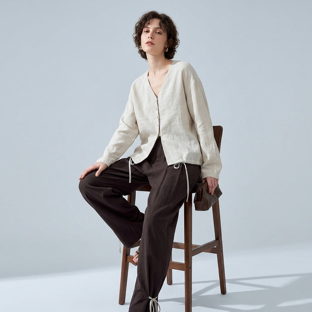 V-Neck Linen Top in Dune Beige