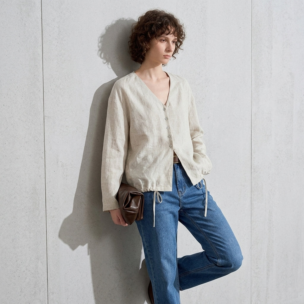 V-Neck Linen Top in Dune Beige