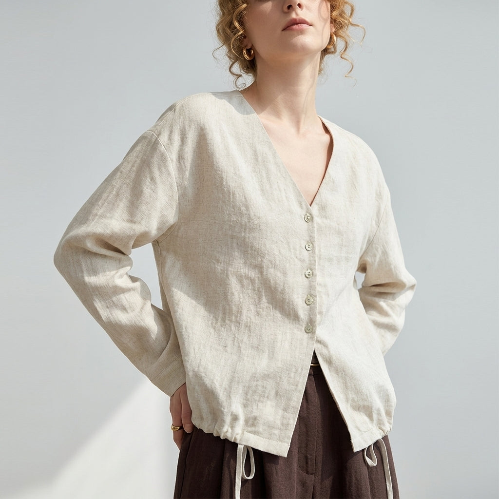 V-Neck Linen Top in Dune Beige