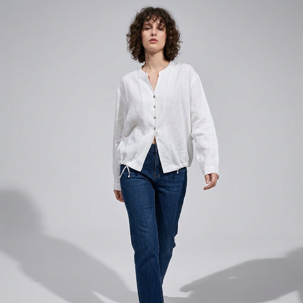 V-Neck Linen Top in Cloud White