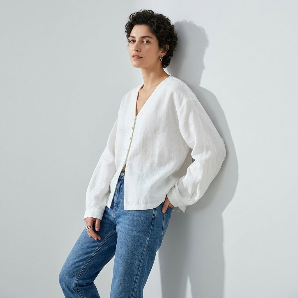 V-Neck Linen Top in Cloud White