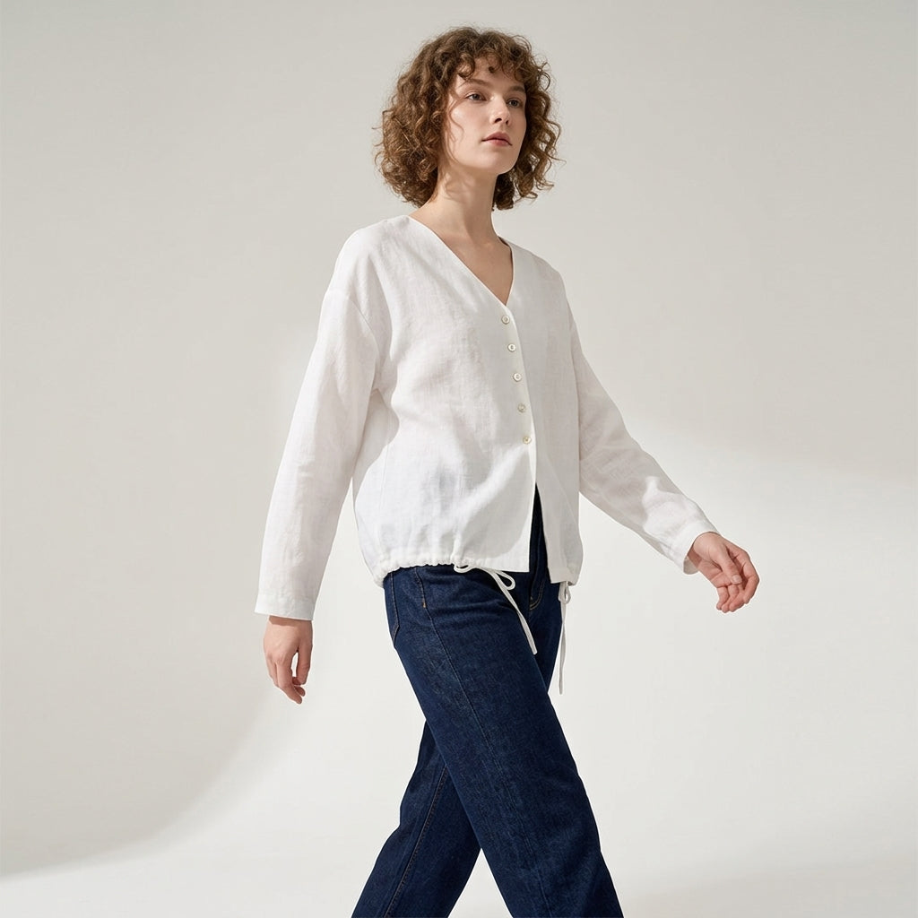 V-Neck Linen Top in Cloud White