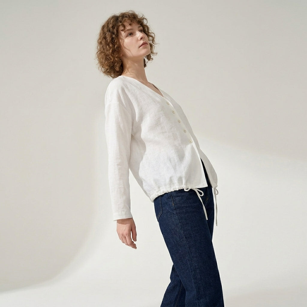 V-Neck Linen Top in Cloud White
