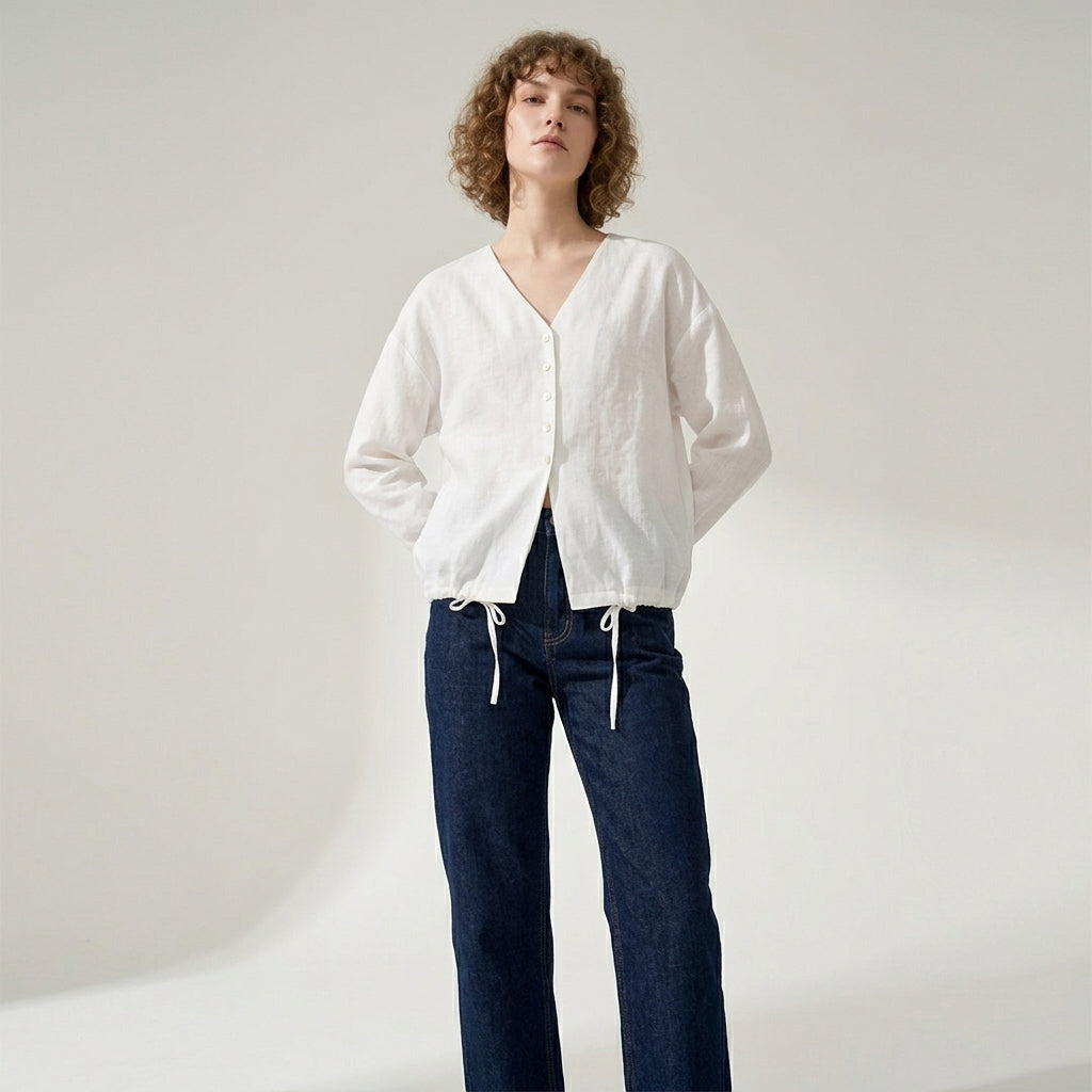 V-Neck Linen Top in Cloud White