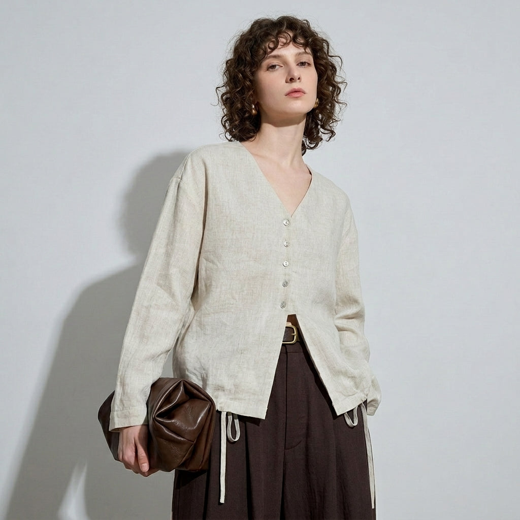 V-Neck Linen Top in Dune Beige