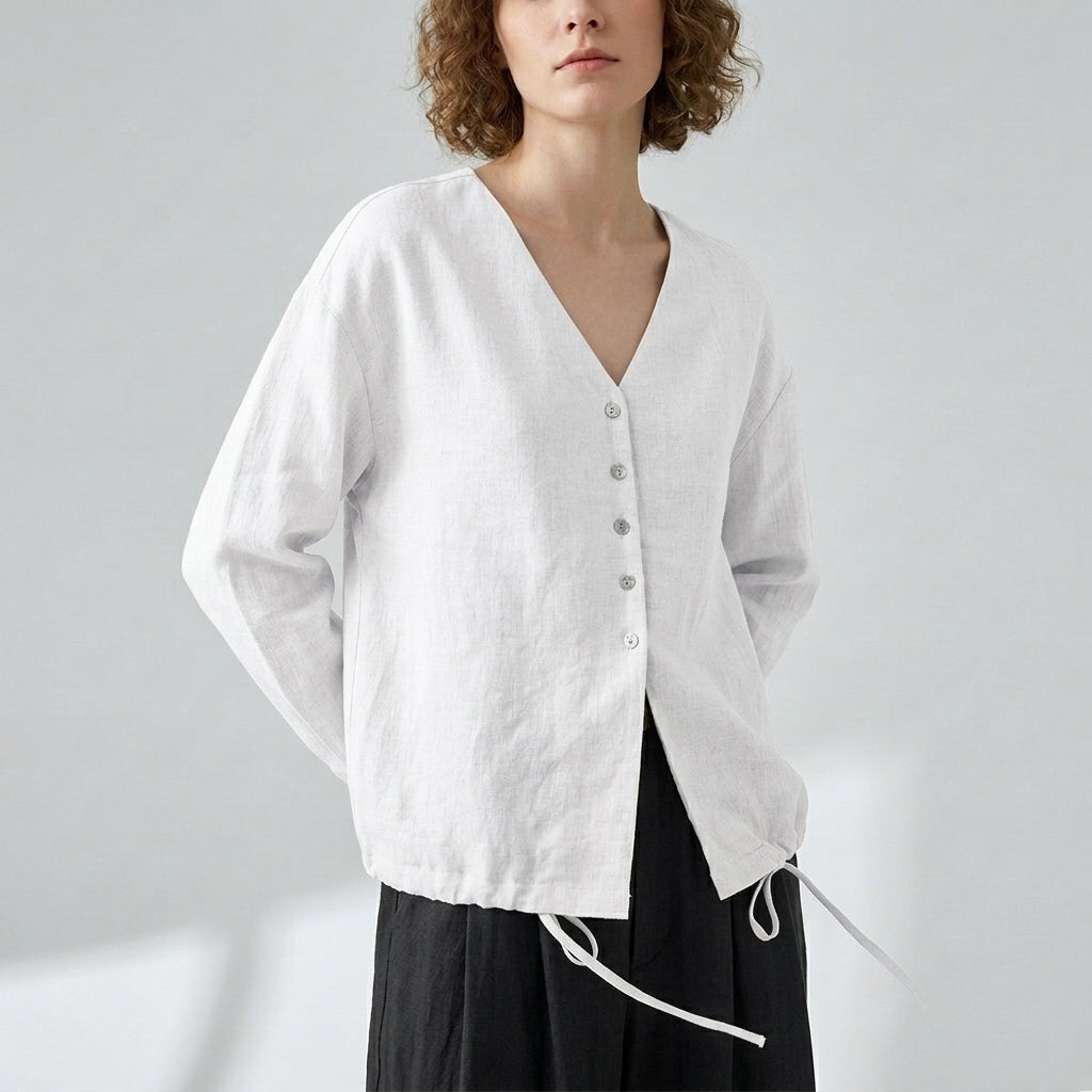 V-Neck Linen Top in Cloud White