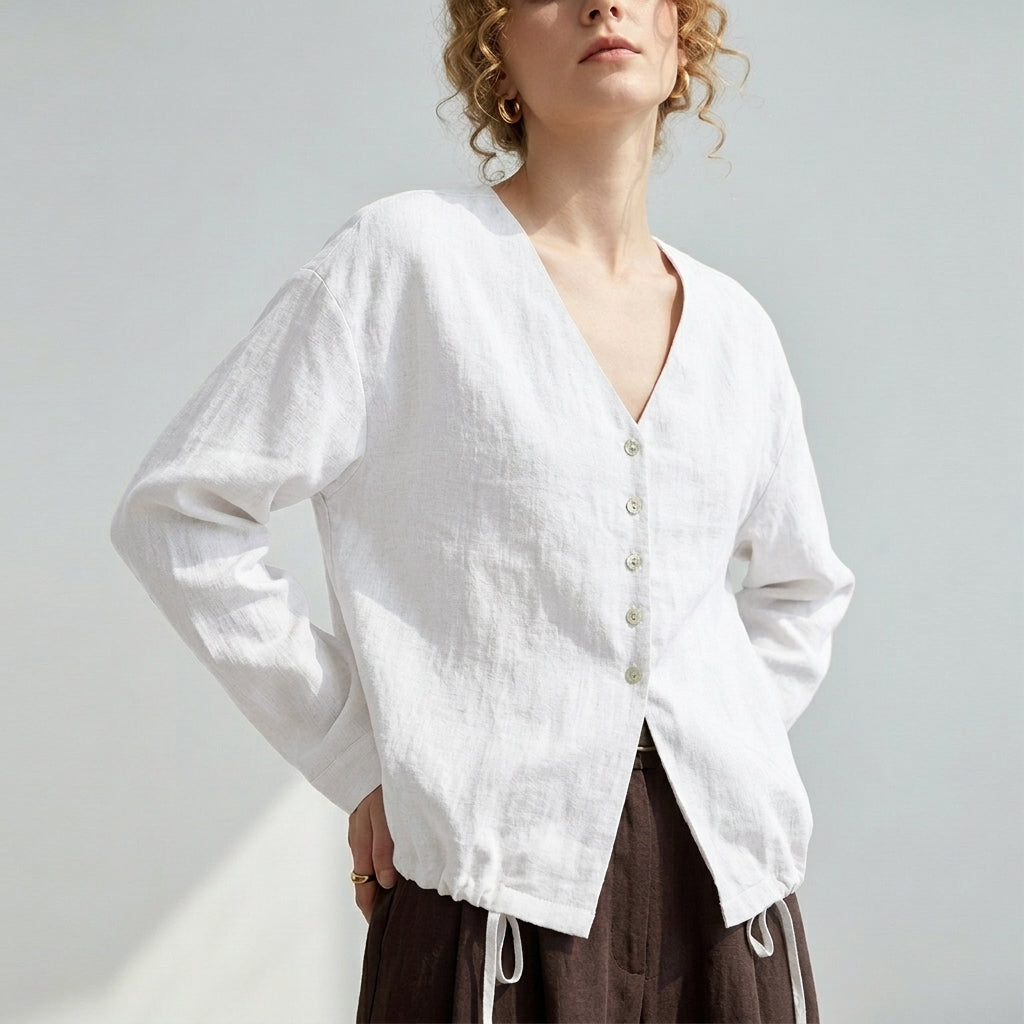 V-Neck Linen Top in Cloud White