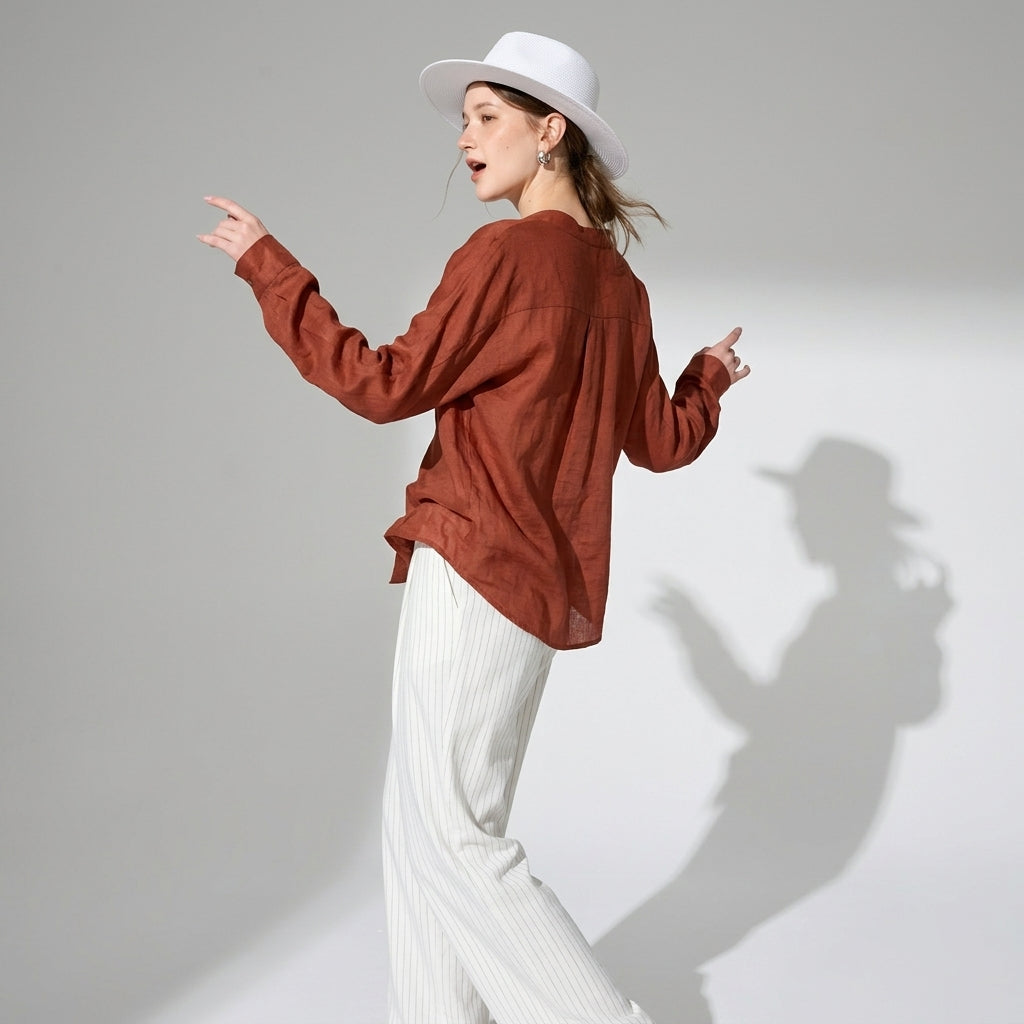 Ramie V-Neck Shirt in Burnt Rust