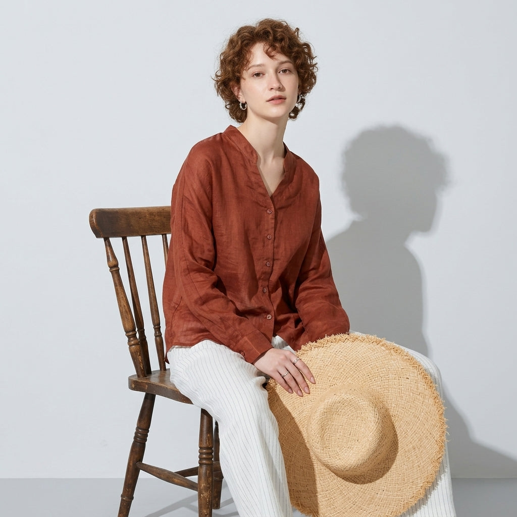 Ramie V-Neck Shirt in Burnt Rust