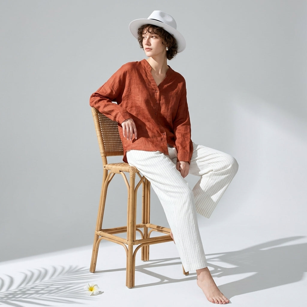 Ramie V-Neck Shirt in Burnt Rust