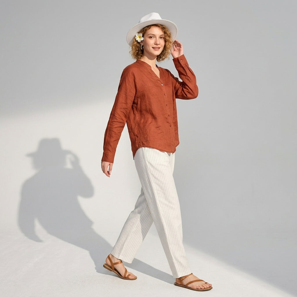 Ramie V-Neck Shirt in Burnt Rust