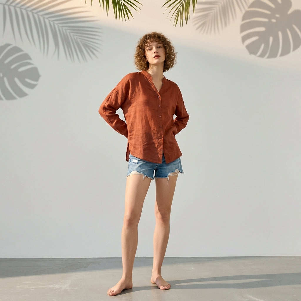 Ramie V-Neck Shirt in Burnt Rust