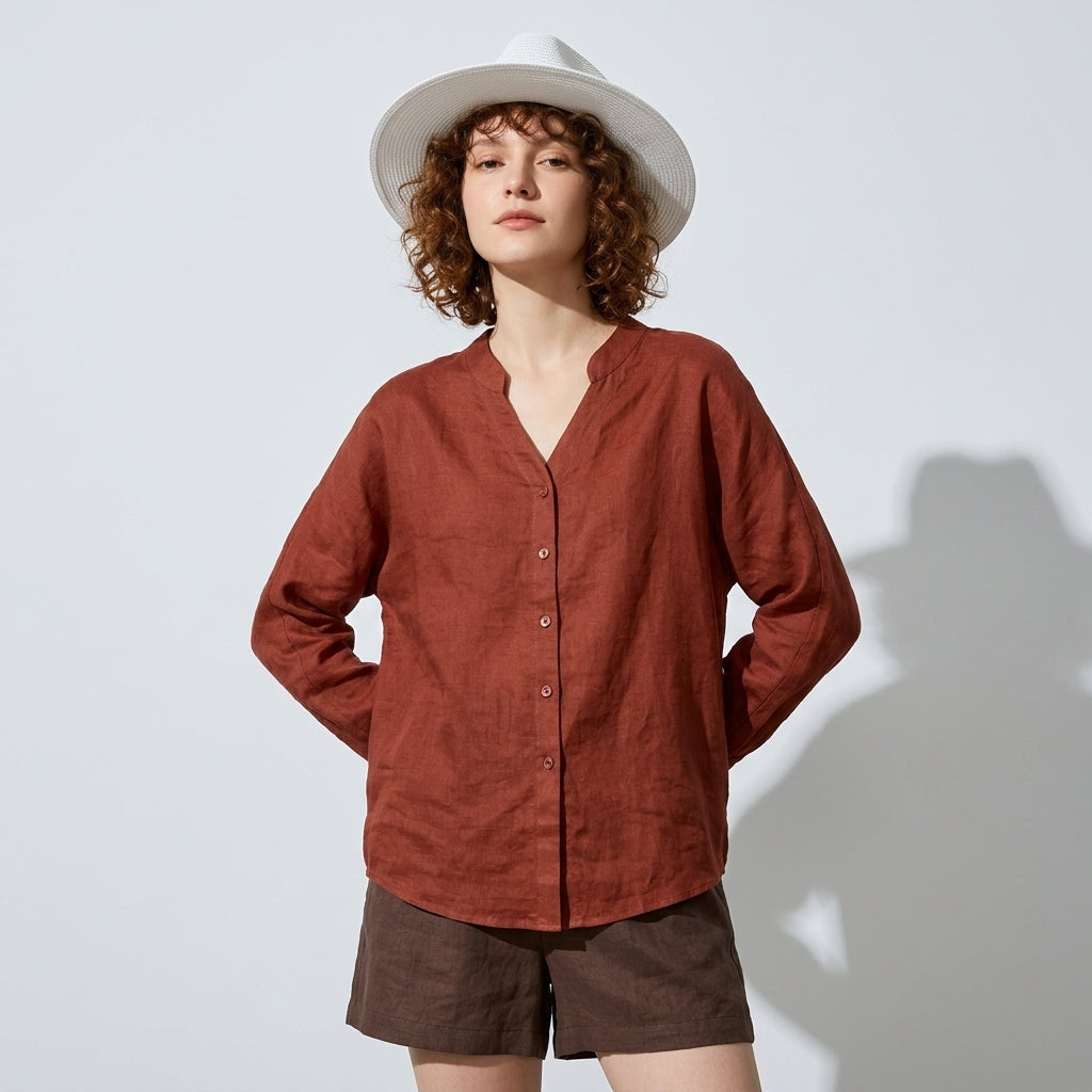 Ramie V-Neck Shirt in Burnt Rust