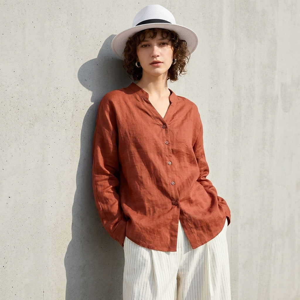 Ramie V-Neck Shirt in Burnt Rust