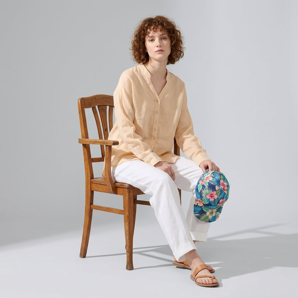Ramie V-Neck Shirt in Apricot Sand