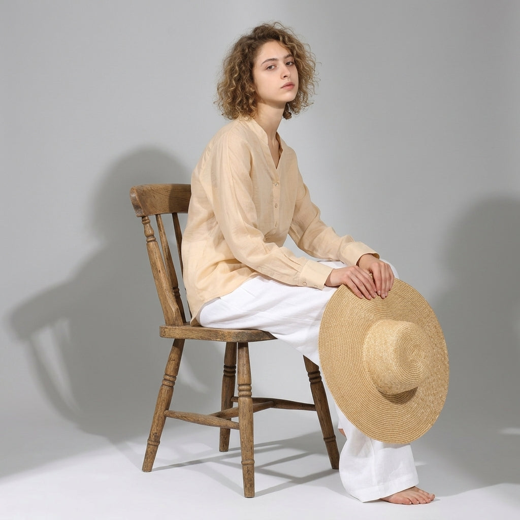 Ramie V-Neck Shirt in Apricot Sand