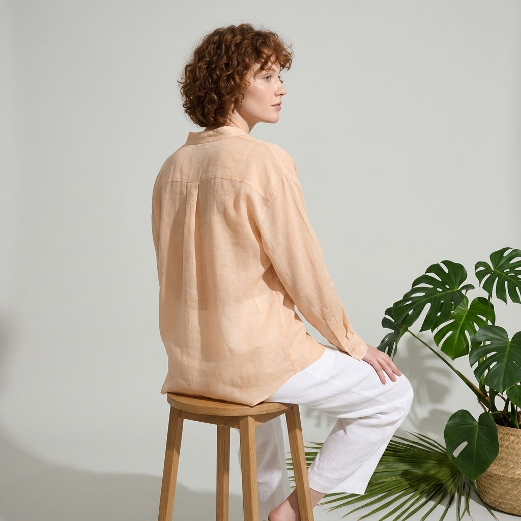 Ramie V-Neck Shirt in Apricot Sand