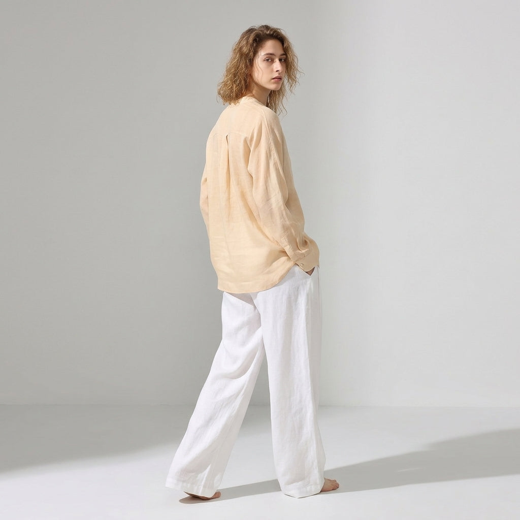 Ramie V-Neck Shirt in Apricot Sand