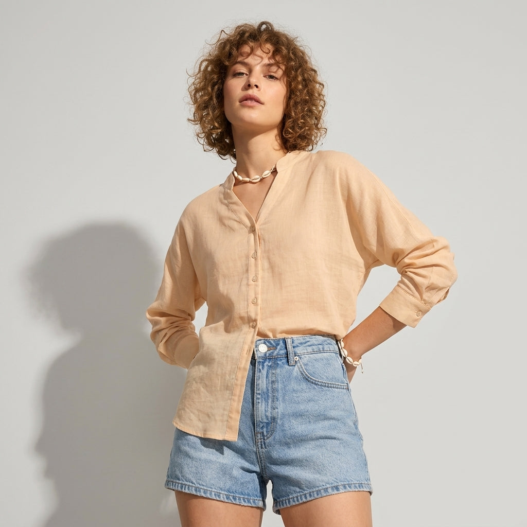 Ramie V-Neck Shirt in Apricot Sand