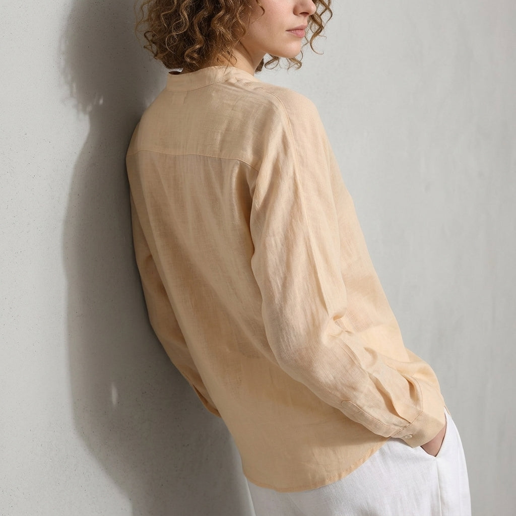 Ramie V-Neck Shirt in Apricot Sand