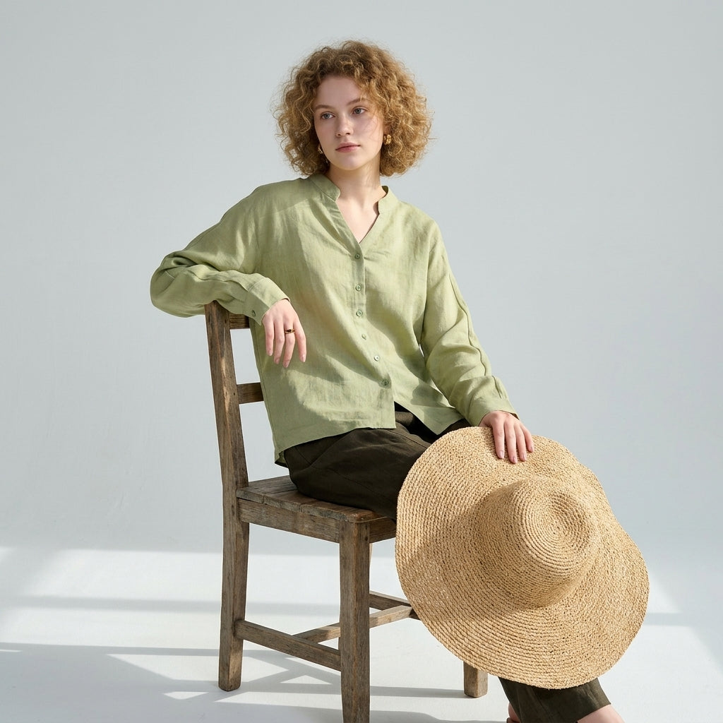 Ramie V-Neck Shirt in Soft Olive