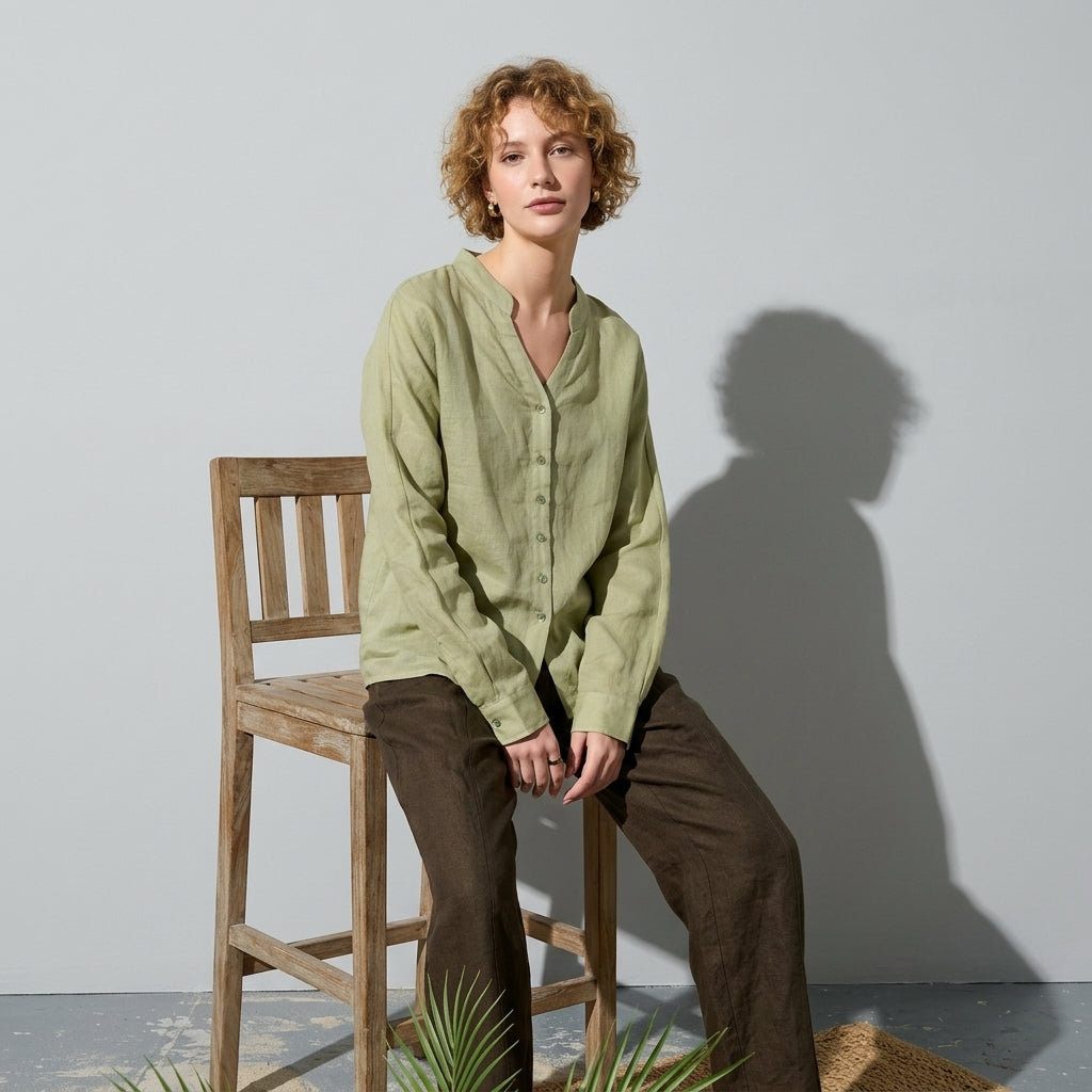 Ramie V-Neck Shirt in Soft Olive