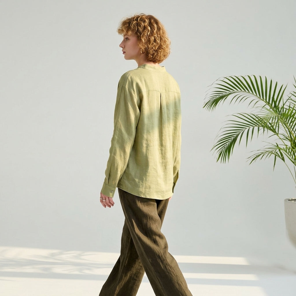 Ramie V-Neck Shirt in Soft Olive