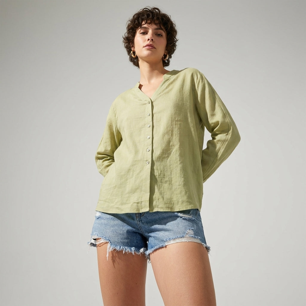 Ramie V-Neck Shirt in Soft Olive