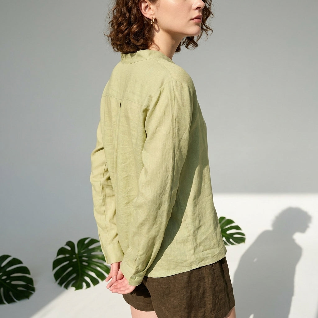 Ramie V-Neck Shirt in Soft Olive