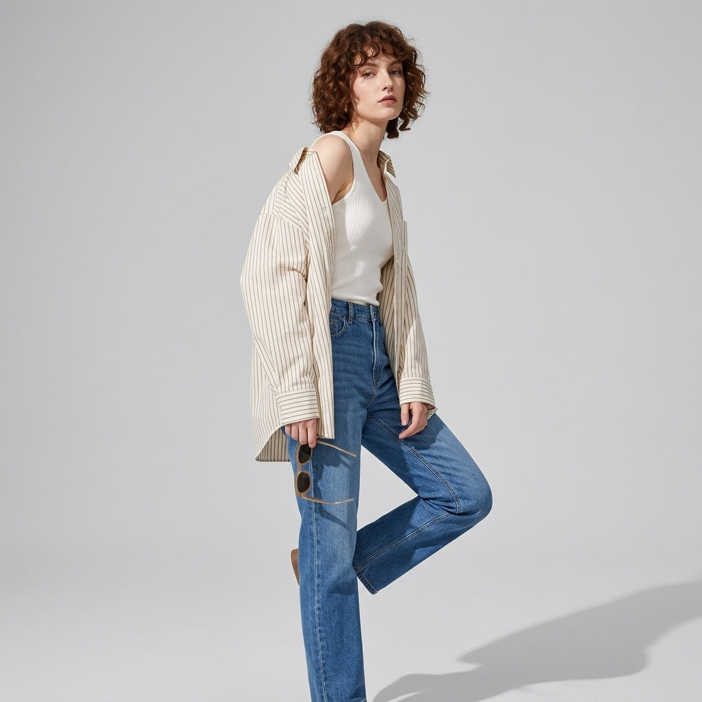 Striped Linen Shirt in Sand Beige