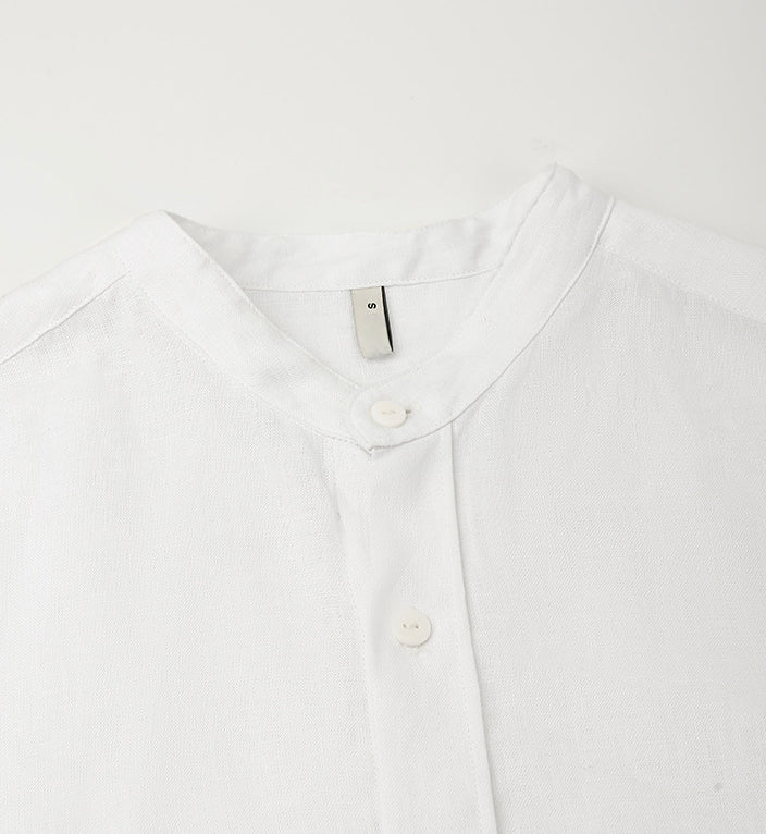100 % Flax Linen Stand Collar Shirt for Men in White