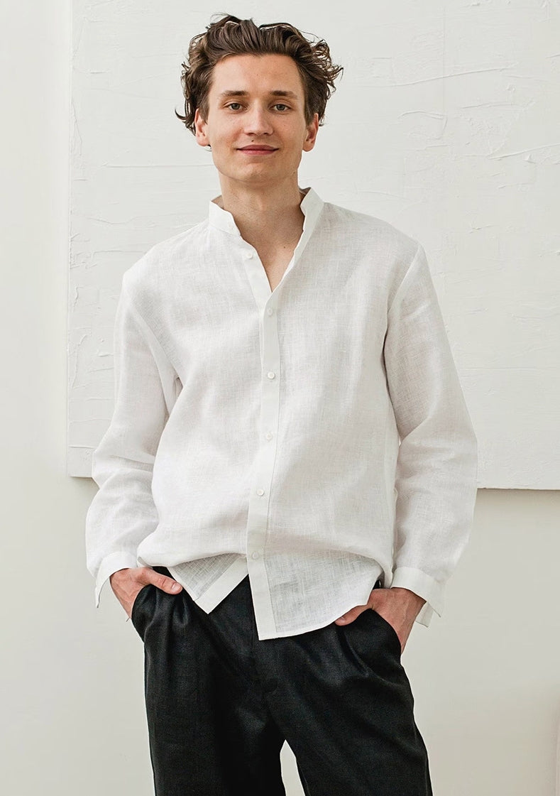 100 % Flax Linen Stand Collar Shirt for Men in White