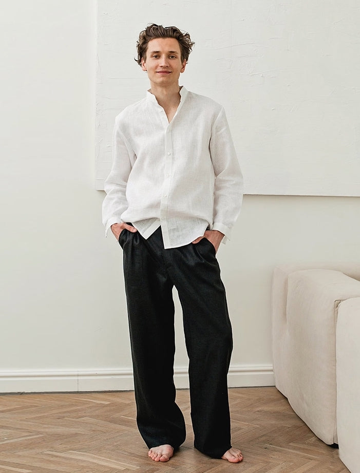 100 % Flax Linen Stand Collar Shirt for Men in White