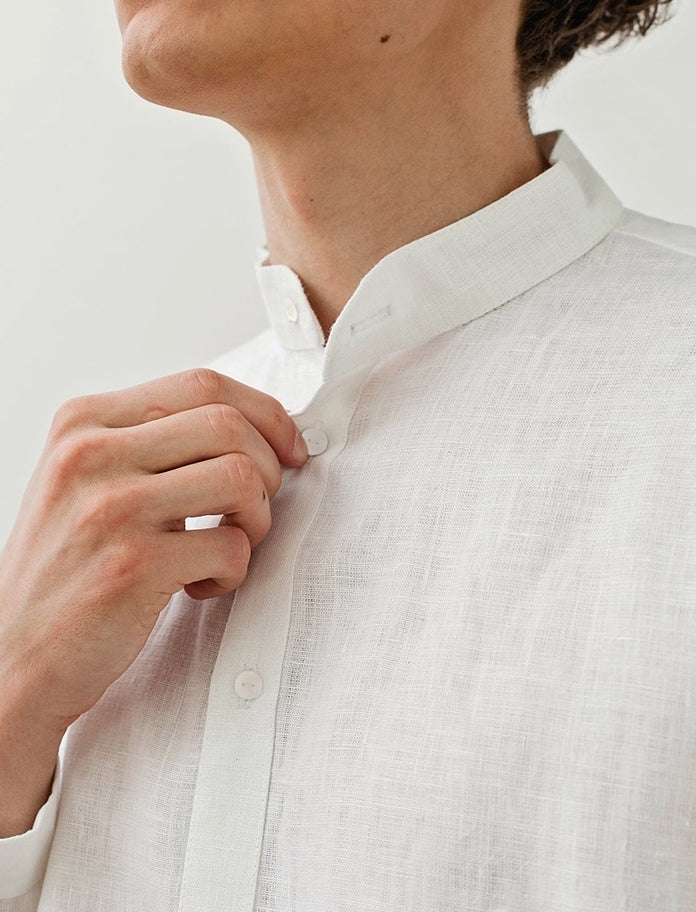 100 % Flax Linen Stand Collar Shirt for Men in White