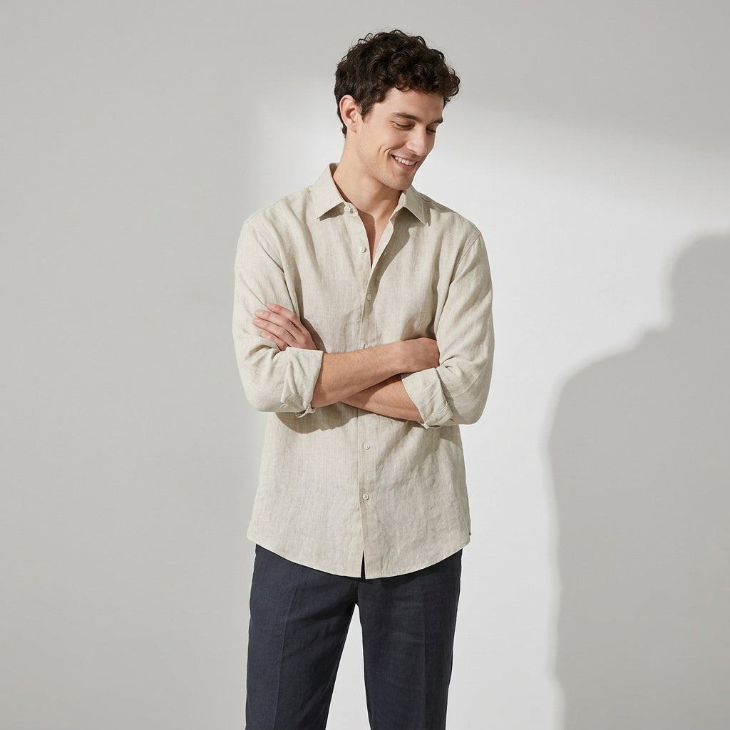 100 % Flax Linen Shirt for Men in Oatmeal Beige